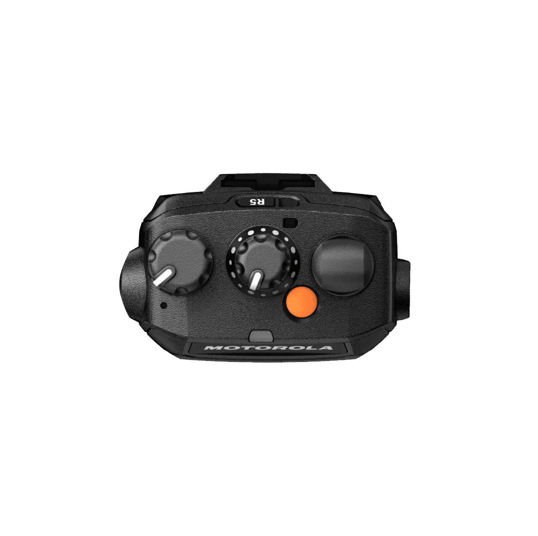 Top view of the Motorola R5 displaying the volume and channel knobs and emergency button
